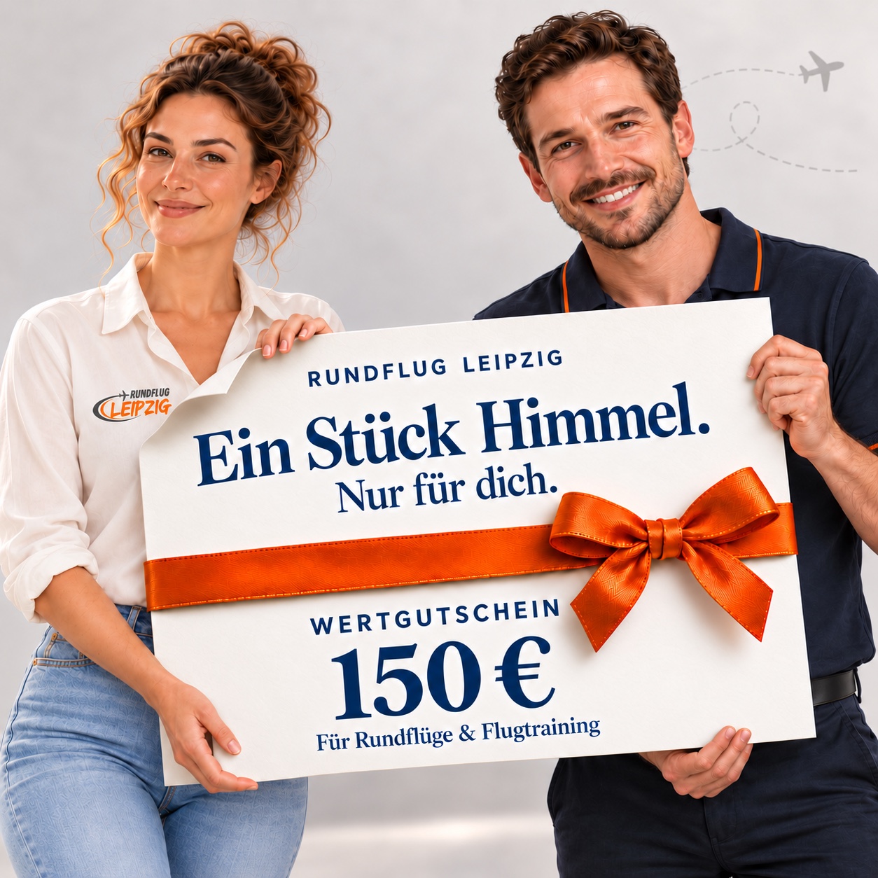 150 Euro Wertgutschein von Rundflug Leipzig mit orangefarbener Geschenkschleife, präsentiert von einer Frau und einem Mann