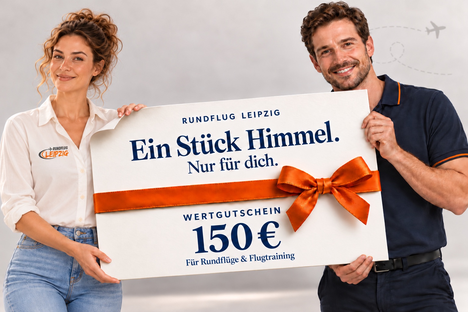 150 Euro Wertgutschein von Rundflug Leipzig mit orangefarbener Geschenkschleife, präsentiert von einer Frau und einem Mann