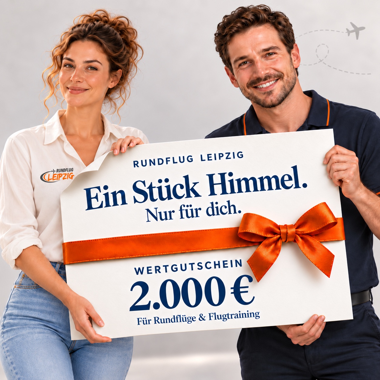 2000 Euro Wertgutschein von Rundflug Leipzig mit orangefarbener Geschenkschleife, präsentiert von einer Frau und einem Mann