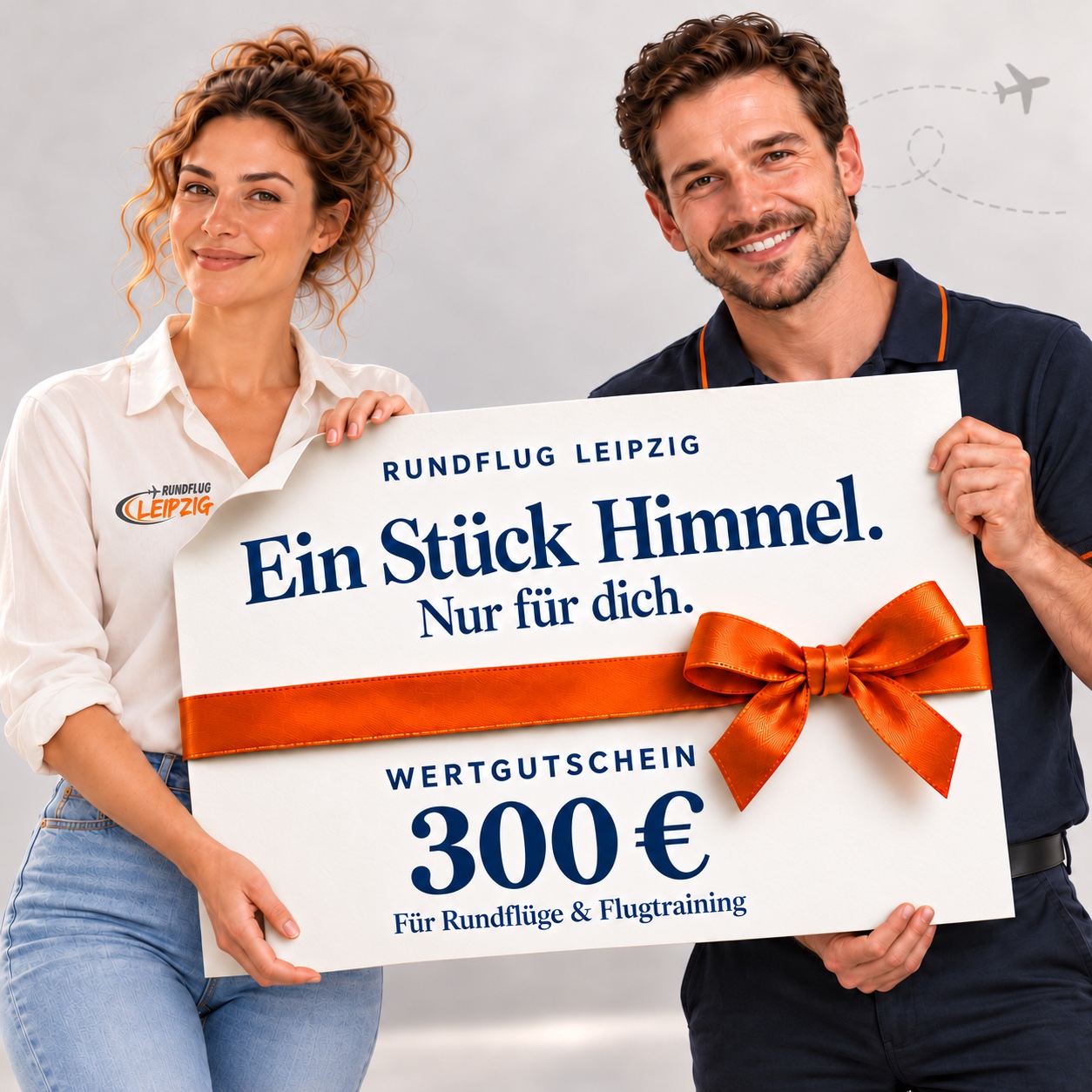 300 Euro Wertgutschein von Rundflug Leipzig mit orangefarbener Geschenkschleife, präsentiert von einer Frau und einem Mann