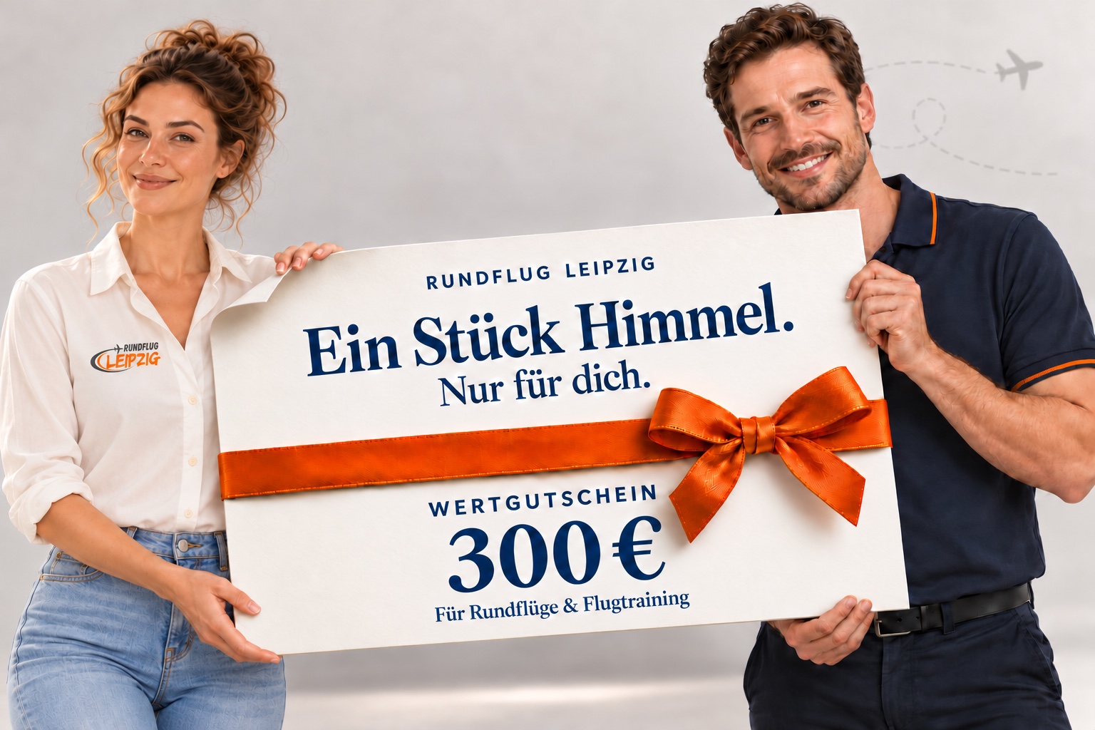 300 Euro Wertgutschein von Rundflug Leipzig mit orangefarbener Geschenkschleife, präsentiert von einer Frau und einem Mann