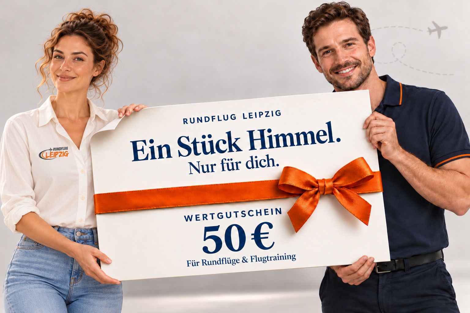 50 Euro Wertgutschein von Rundflug Leipzig mit orangefarbener Geschenkschleife, präsentiert von einer Frau und einem Mann