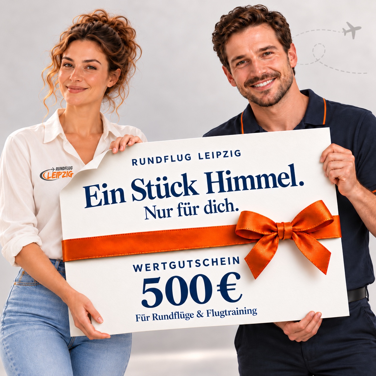500 Euro Wertgutschein von Rundflug Leipzig mit orangefarbener Geschenkschleife, präsentiert von einer Frau und einem Mann