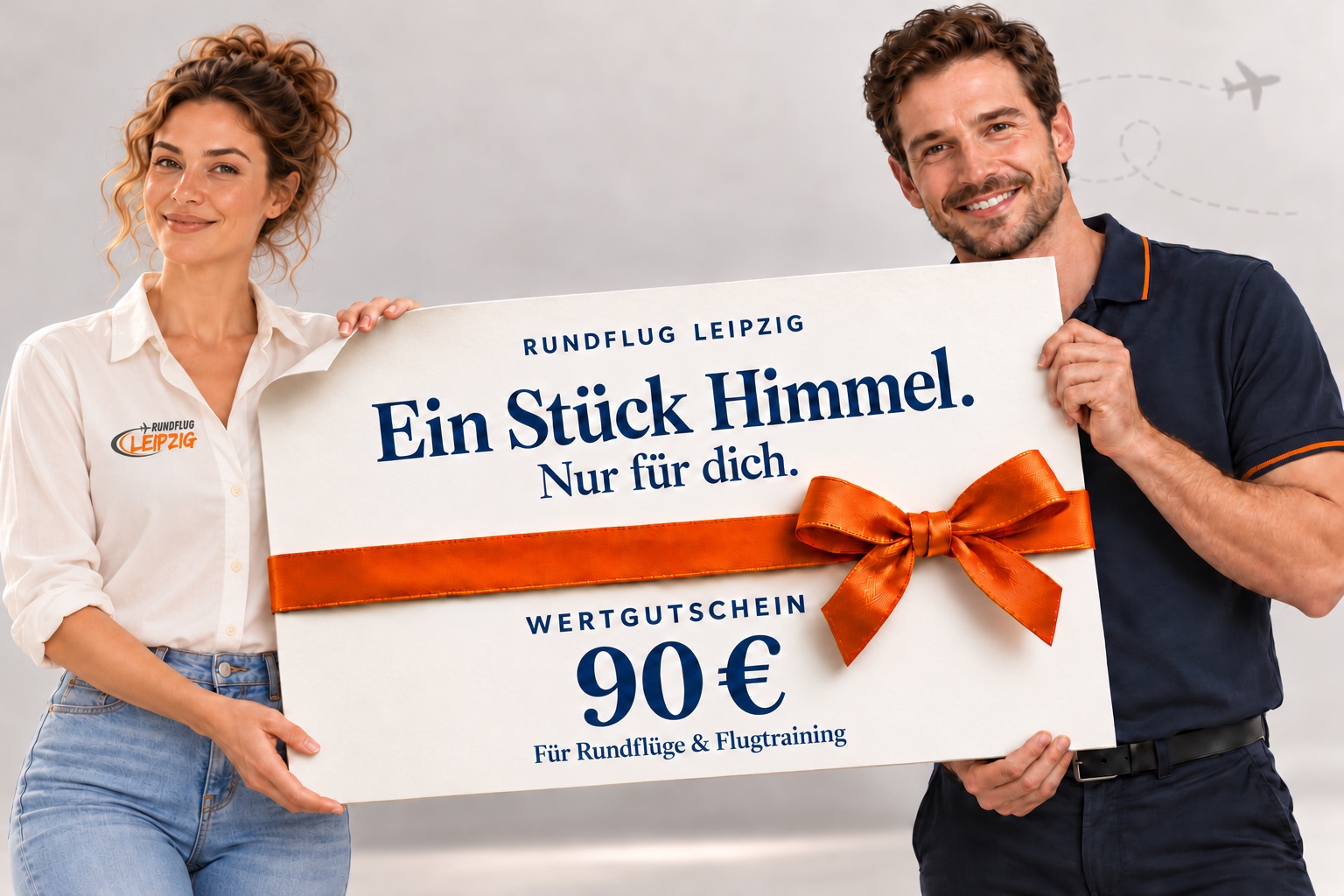 90 Euro Wertgutschein von Rundflug Leipzig mit orangefarbener Geschenkschleife, präsentiert von einer Frau und einem Mann