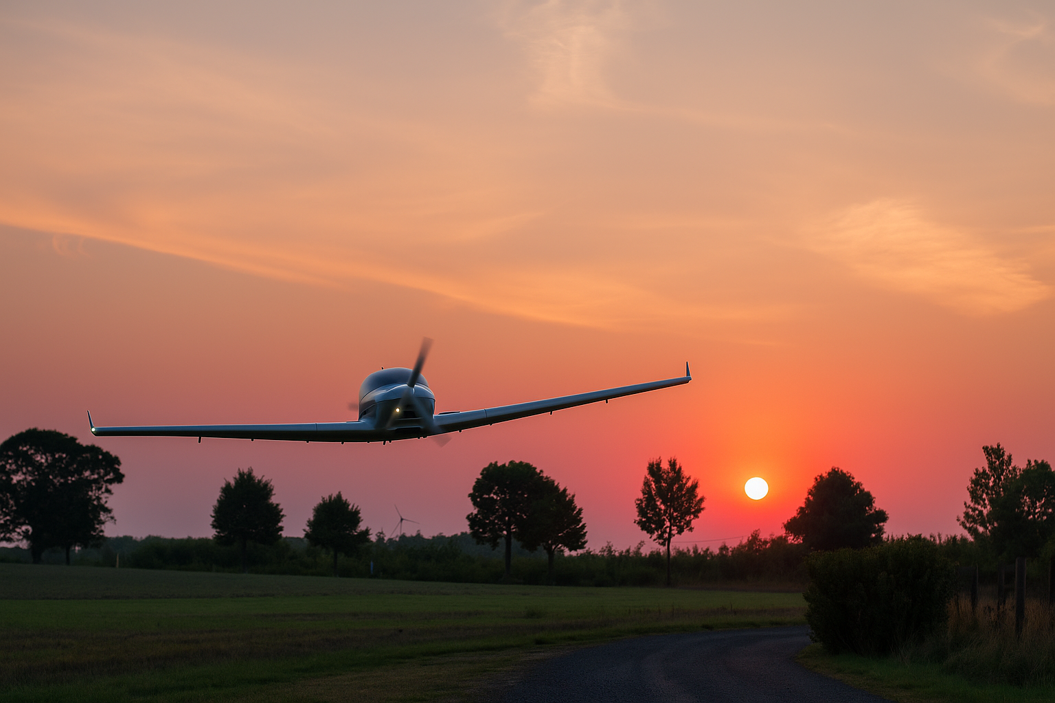 Ein kleines Flugzeug fliegt bei Sonnenuntergang über eine grüne Landschaft mit Bäumen und einem Feldweg.